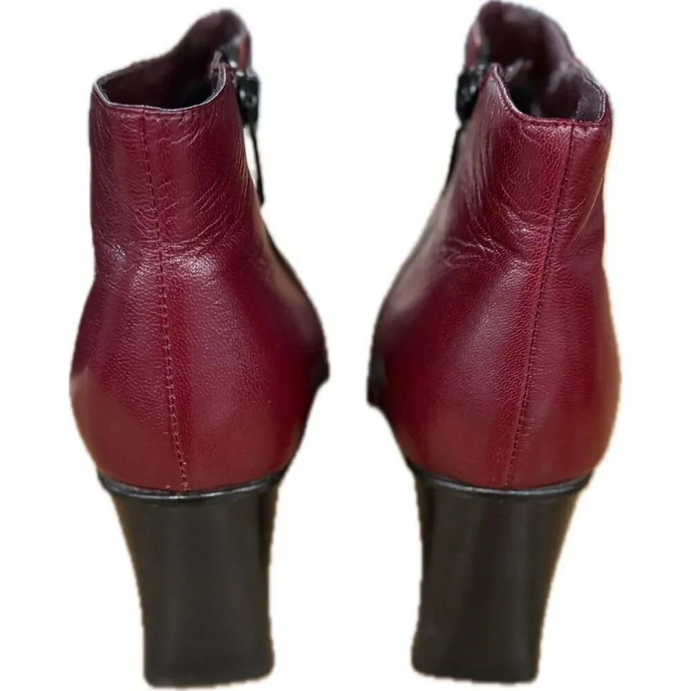 Minozzi Burgundy Leather Ankle Boots with Block Heel | EU 38 | US 7.5-8